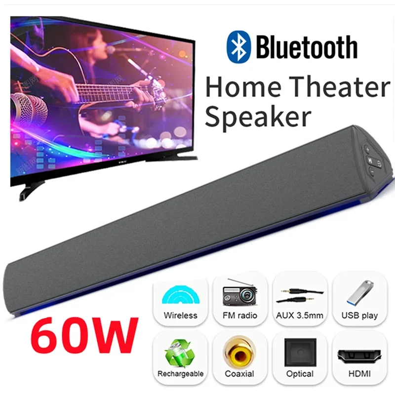 Home Cinema With Wireless Rear Speakers - ลำโพงบลูทูธไร้สาย60W, PC ซาวด์บาร์สำหรับโฮมเธียเตอร์3D ระบบเสียงสเตอริโอคาราโอเกะซับวูฟเฟอร์ FM ซาวด์บาร์