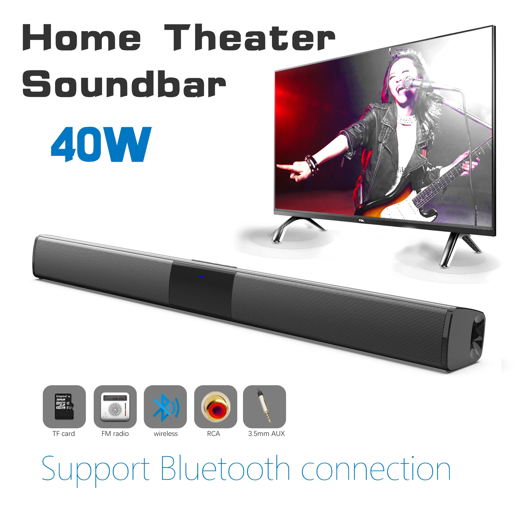 Home Cinema With Wireless Rear Speakers - แถบเสียงพลังสูง40W สำหรับทีวีคอมพิวเตอร์ลำโพงบลูทูธไร้สายระบบเสียงโฮมเธียเตอร์วิทยุเอฟเอ็มซับวูฟเฟอร์กล่อง RCA TF