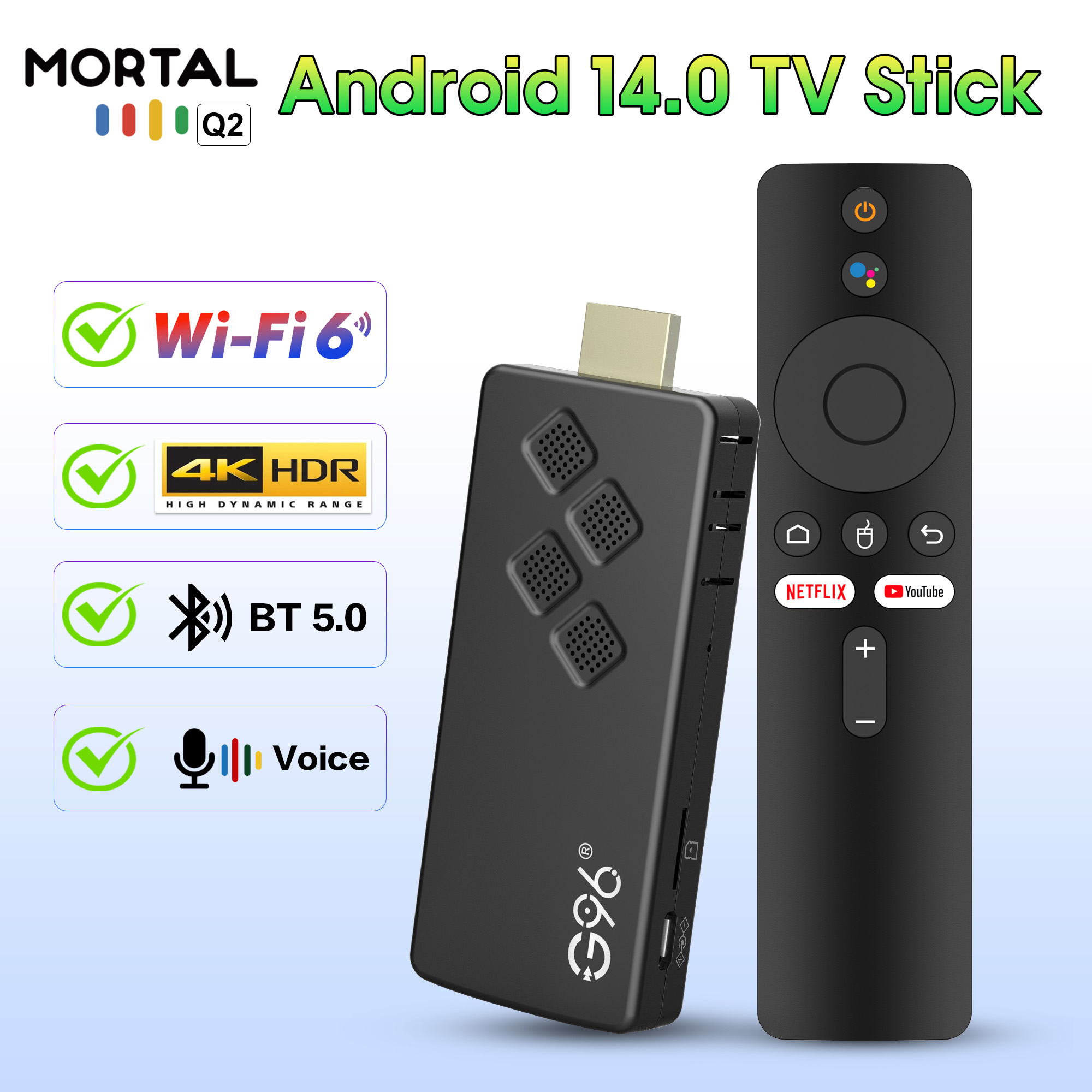 4K Media Player - Q2 ใหม่สมาร์ททีวีสติ๊กประสิทธิภาพสูง Android 14.0 4K Ultra