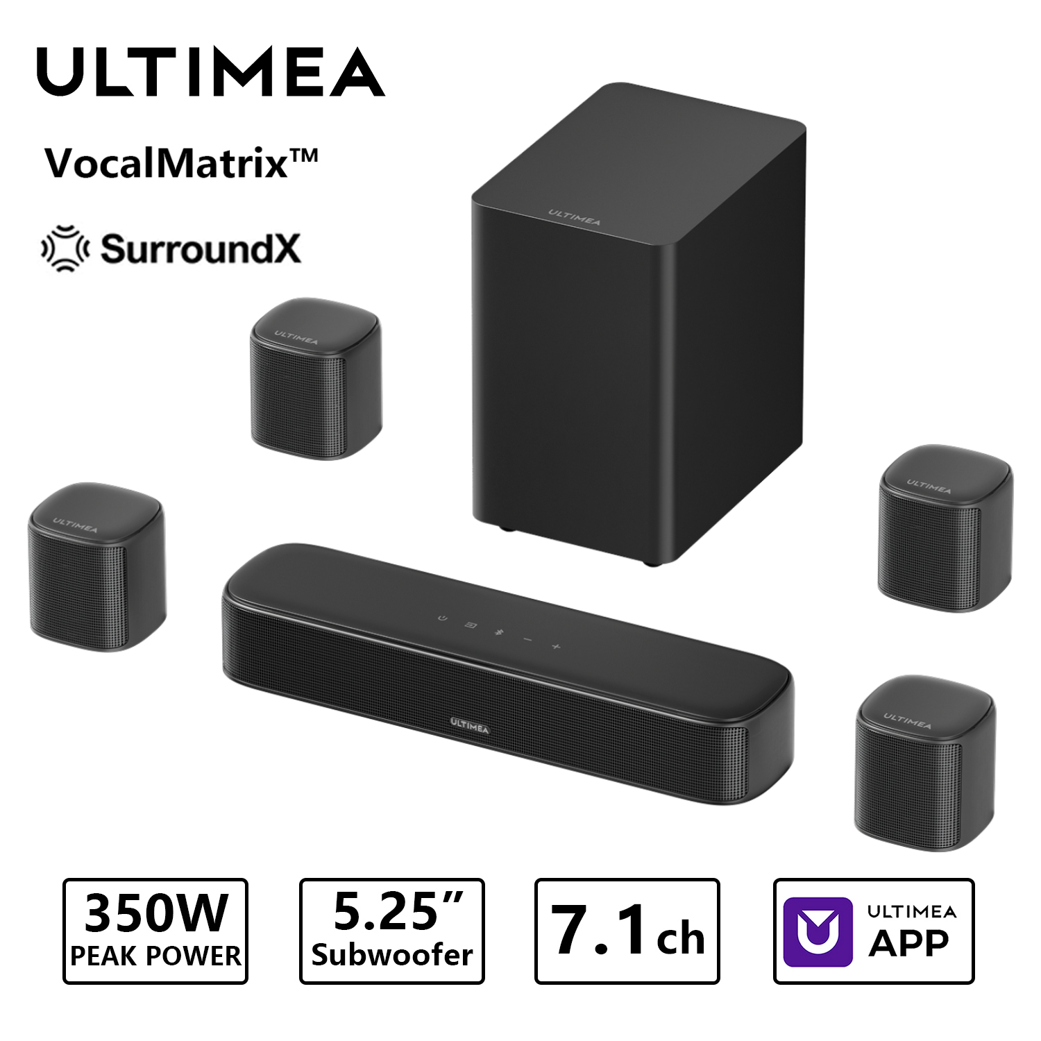 Home Cinema With Wireless Rear Speakers - ULTIMEA 350W 7.1ch ซาวด์บาร์ระบบเสียงรอบทิศทางเสมือนจริง, ซาวด์บาร์สำหรับโฮมเธียเตอร์พร้อมซับวูฟเฟอร์และลำโพงรอบทิศทาง 4
