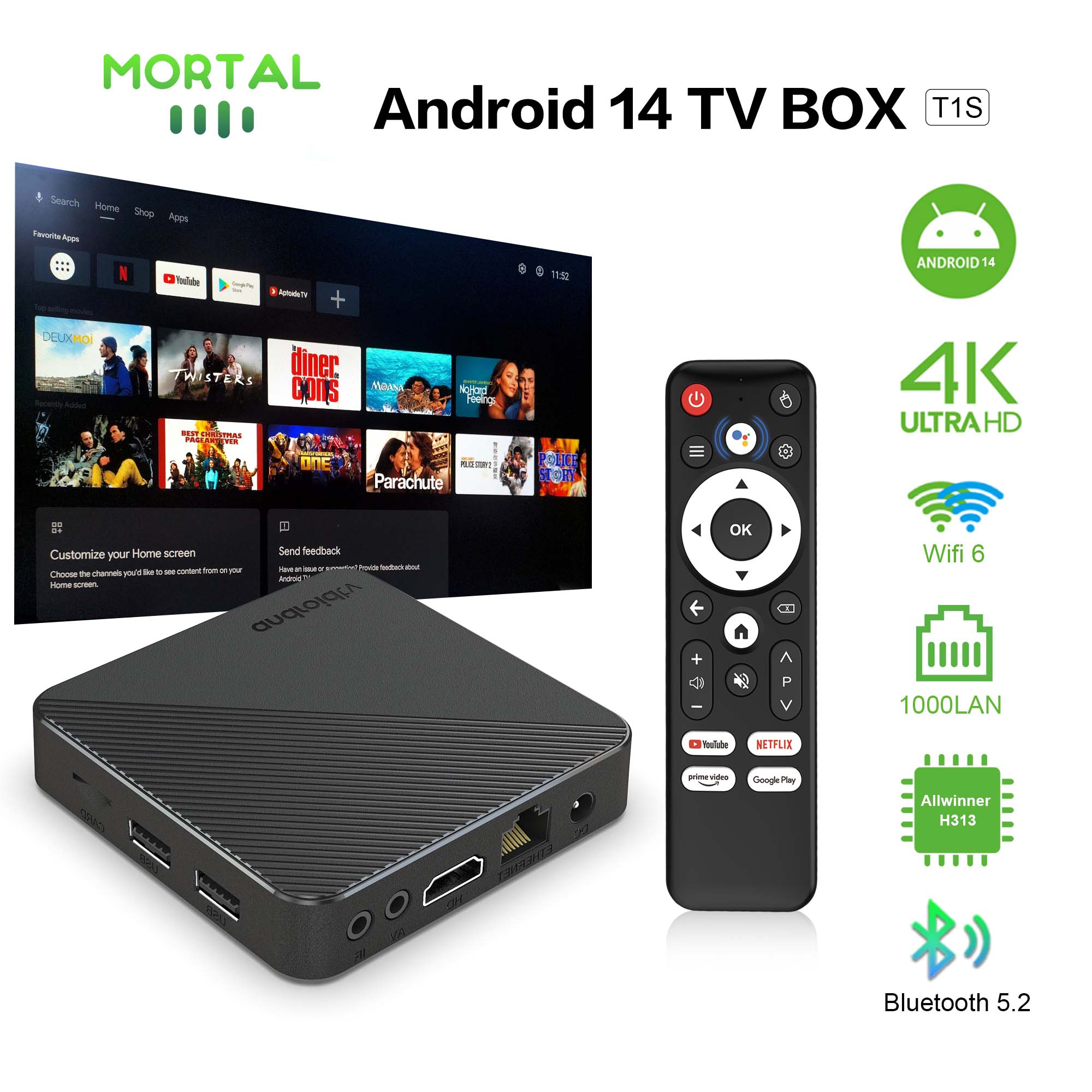 Home Cinema Google - กล่องทีวีโฮมเธียเตอร์อัจฉริยะ Android14 T1S AllwinnerH313 ชิป Quad