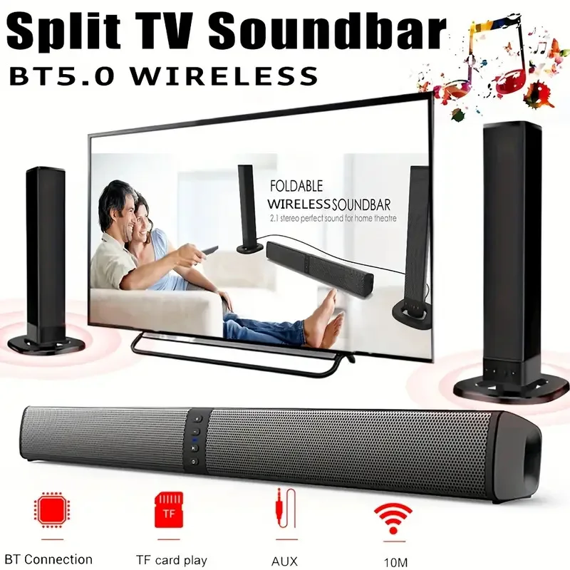 Home Cinema With Wireless Rear Speakers - ลำโพงซาวด์บาร์ไร้สายบลูทูธสำหรับทีวี ระบบลำโพง 2 ตัว โฮมเธียเตอร์พร้อมซับวูฟเฟอร์ แบบพกพา